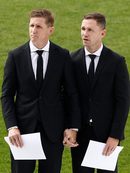 Selwood brothers show courage in the face of tragedy to honour their brother Troy at emotional memorial